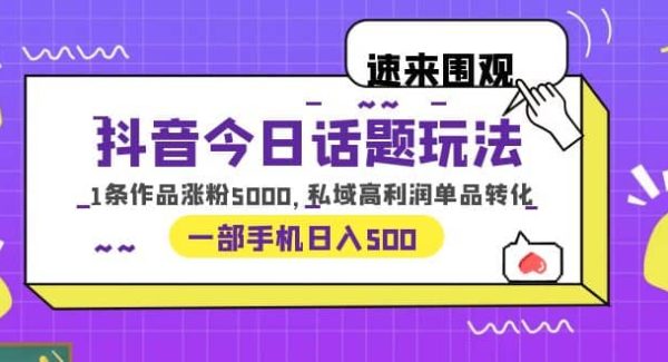 抖音今日话题玩法，1条作品涨粉5000，私域高利润单品转化 一部手机日入500